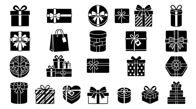 Gift box icon set with bow ribbons, wrapped presents, and assorted holiday packaging in clean monochrome vector silhouettes