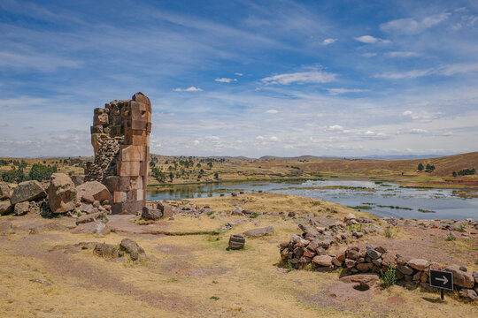 Puno, Peru - 30 Nov 2025: Sillustani funerary towers and Umayo Lake, Titicaca, Puno, Peru