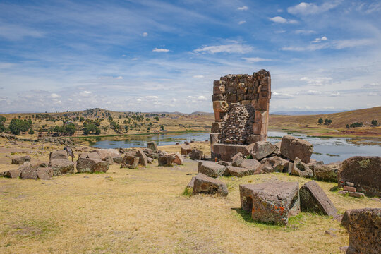 Puno, Peru - 30 Nov 2025: Sillustani funerary towers and Umayo Lake, Titicaca, Puno, Peru