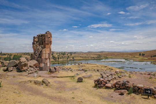 Puno, Peru - 30 Nov 2025: Sillustani funerary towers and Umayo Lake, Titicaca, Puno, Peru