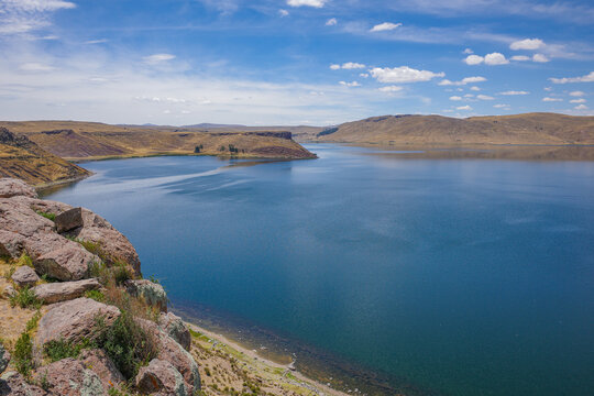 Puno, Peru - 30 Nov 2025: Sillustani funerary towers and Umayo Lake, Titicaca, Puno, Peru