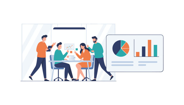 Team analyzing financial data and charts during a meeting with pie chart bar analysis