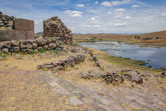 Puno, Peru - 30 Nov 2025: Sillustani funerary towers and Umayo Lake, Titicaca, Puno, Peru