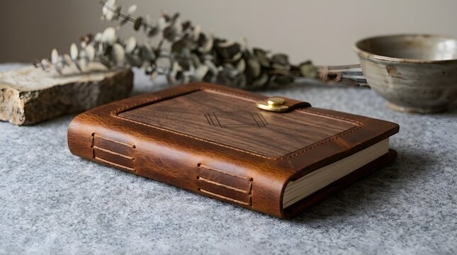 Handcrafted Leather and Wood Journal Notebook with Embossed Geometric Emblem and Brass Clasp Cluttered on Textured Surface with Dried Eucalyptus and Ceramic Bowl