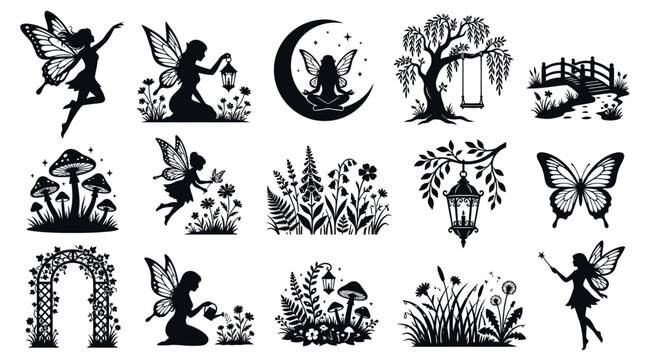 Fairytale Fantasy Fairies and Nature Elements Black and White Silhouettes Vector Collection