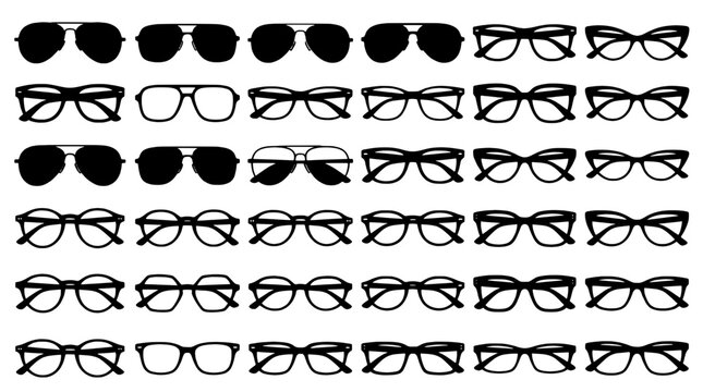 Glasses collection with various styles and designs in black and white featuring eyeglasses, sunglasses, frames with optical and fashion elements for