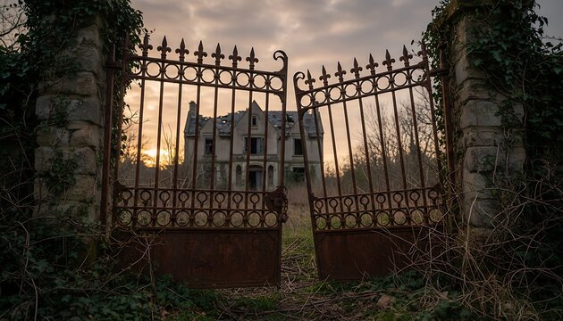 Rusty Ornate Gate Opens to Abandoned Mansion at Sunset