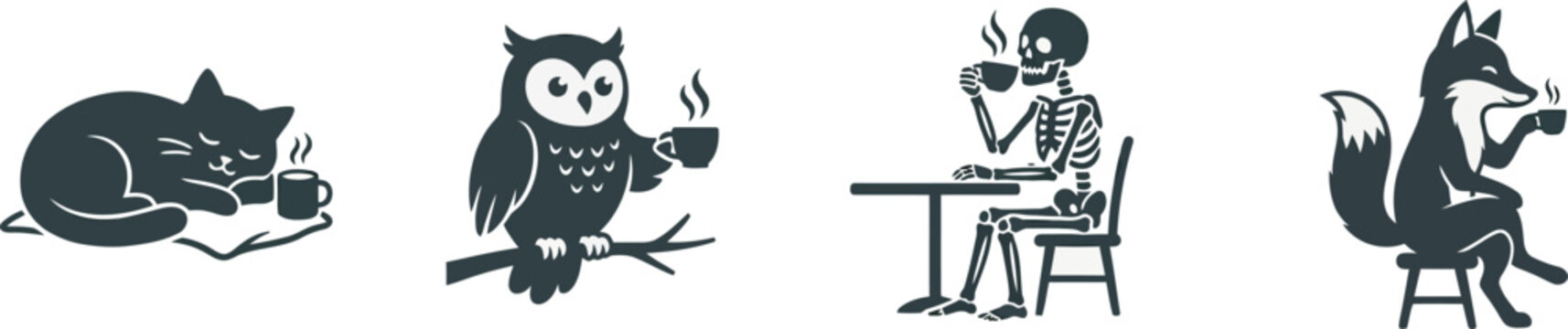 Set of cute animals and characters drinking hot coffee and beverages in black and white hand drawn style vector illustration