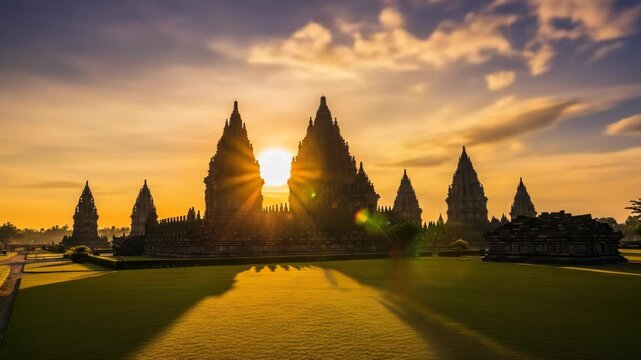 Prambanan Temple Complex at Sunrise - Ancient Hindu Architecture in Indonesia.