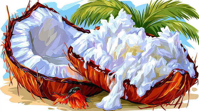Halved coconut with shredded coconut and palm fronds food preparation shredded