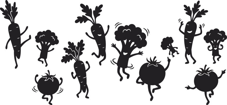 Cute happy vegetable characters dancing and having fun in a collection of black silhouettes including carrots broccoli and tomatoes for healthy food design concepts