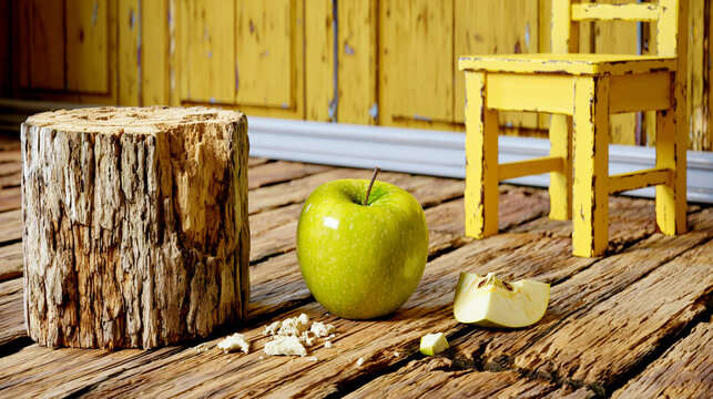 Rustic wooden log with a fresh green and bite taken out, still life