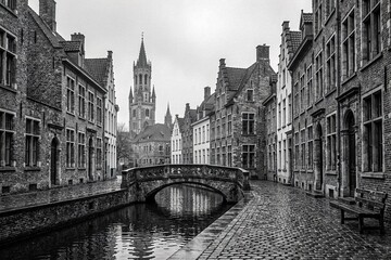 Fototapeta premium Views of Bruges waterways and tower with bridge and swan in the morning