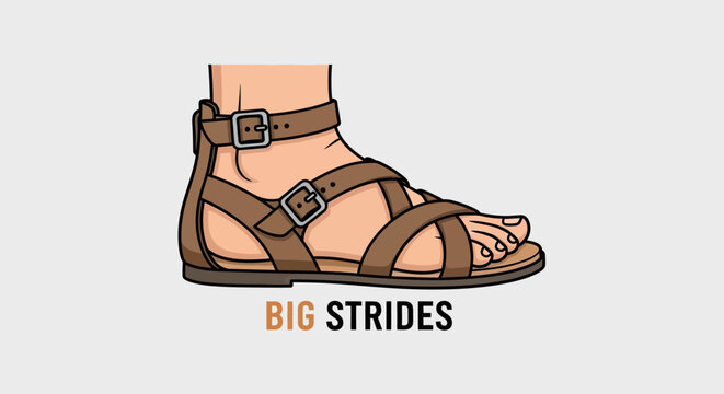 Brown leather gladiator sandal on foot with big strides text