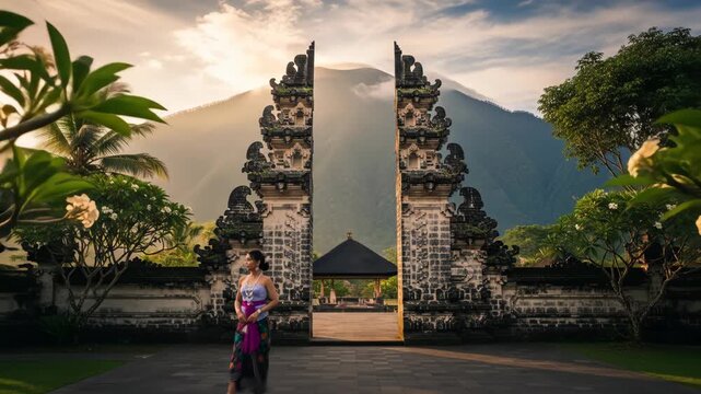 Woman in Traditional Sarong at Balinese Temple Gate with Volcano View.