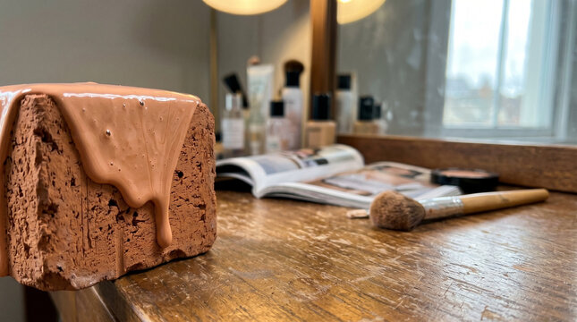 Viscous Peach Fluid Dripping on Porous Terracotta Slab