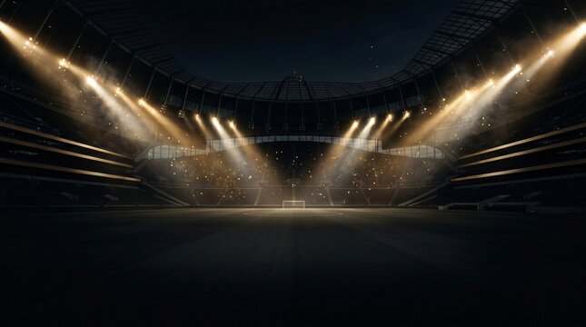 Dramatic empty soccer stadium background with golden spotlights and dark pitch