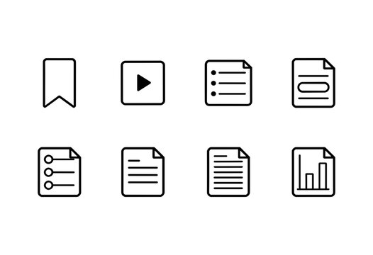 Document page and bookmark line icons set for ui. Video play button, bullet list, report, paragraph and bar chart symbols vector design.