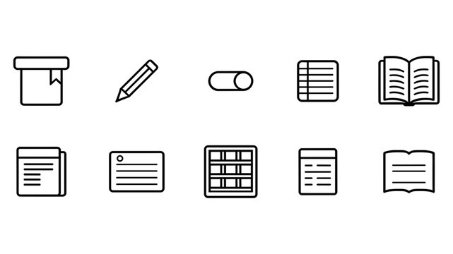 Notebook and pencil line icons set for education. Textbook, document page, checklist and article symbols isolated on white background vector.
