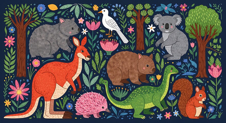 Obraz premium Australian animals illustration with koala kangaroo and wombat in a floral setting