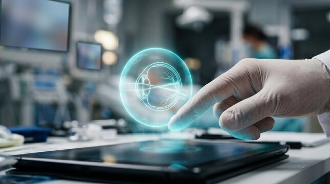 Futuristic ophthalmology surgeon using holographic digital interface to examine human eye anatomy on tablet in modern operating room