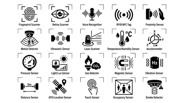Sensors icon set with various detection and monitoring devices in black and white featuring sensor, fingerprint, scanner with retina and voice