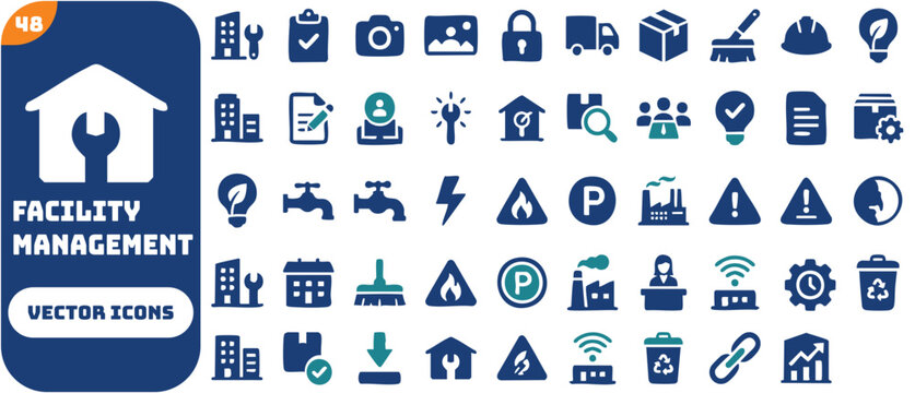 Set of facility management vector icons for maintenance and operations