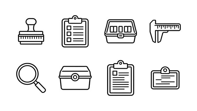 Quality Control and Inspection Tools Line Icons Set Isolated on White Background. Industrial Audit Vector Symbols of Caliper, Magnifier and Clipboard.