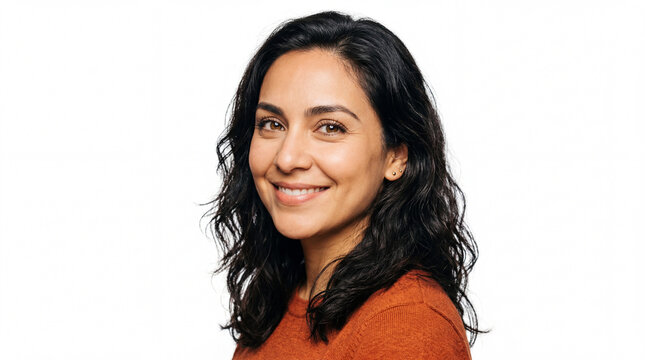 Close-up Headshot of a Beautiful Mature Middle Eastern Woman Smiling, Long Curly Dark Hair, Rust Orange Knit Sweater, Isolated on White Background