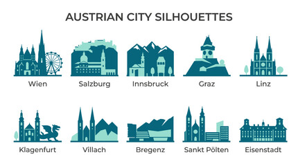 Naklejka premium Austrian City Silhouettes Large Vector Set Featuring Vienna Salzburg Innsbruck Graz Linz and Other Famous Austrian Skylines
