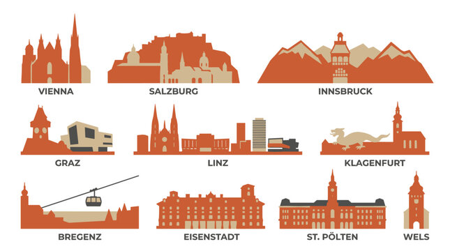 Large Austrian Cities Skyline Vector Set Featuring Vienna Salzburg Innsbruck Graz Linz and Klagenfurt in Warm Minimal Flat Style