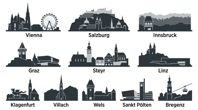 Large Austrian City Skyline Silhouette Set Vector Illustration Featuring Vienna Salzburg Innsbruck Graz Linz and Villach