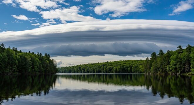 Lenticular cloud formation reflecting in a calm forest lake