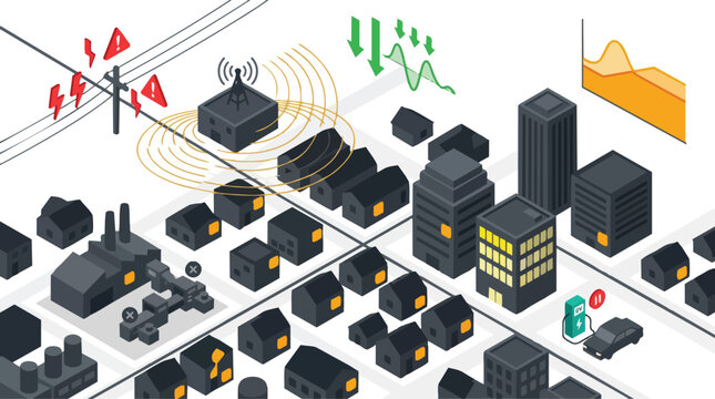 Smart Grid Network Management Isometric Illustration with Energy Demand Data and Electric Vehicle Charging