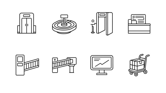 Security Checkpoint and Airport Logistics Outline Icon Set, Xray Scanner, Conveyor Belt, Turnstile Gate, Warehouse Cart and Computer Screen