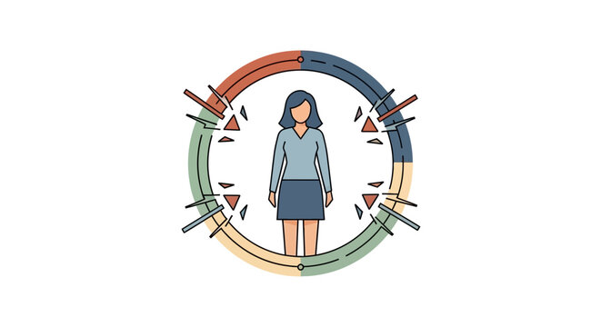 User Persona Concept Illustration with Woman Figure and Circular Infographic Diagram for Customer Profile and Behavioral Analysis