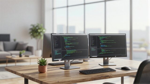 Modern desk with dual monitors displaying code small plant and cozy