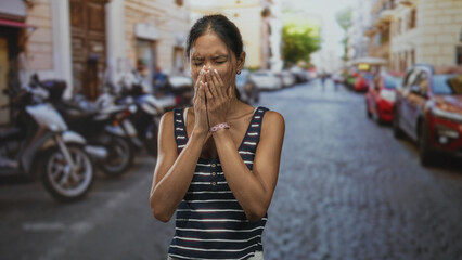 Fototapeta premium Thai woman presses hands to face, holds cheek and covers mouth on a cobblestone street lined with scooters and parked cars; pain toothache.