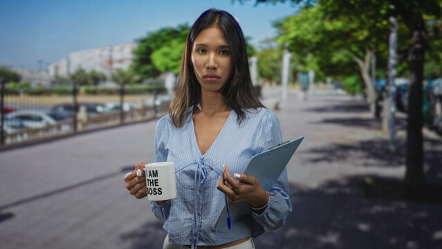 Young thai woman holds a mug reading i am the boss and a clipboard, hand gripping mug and pen visible, standing on a busy city street; confidence leadership.