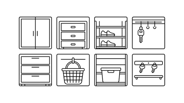 Home Storage Organization and Closet Accessories Outline Icon Set, Wardrobe Cabinet, Shoe Rack, Key Holder Hook, Storage Bin and Drawers