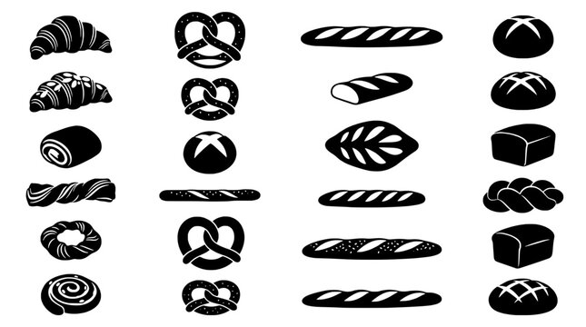 Bread set with various types including baguettes and pastries in black silhouette featuring bakery, pastry, croissant with baguette and pretzel