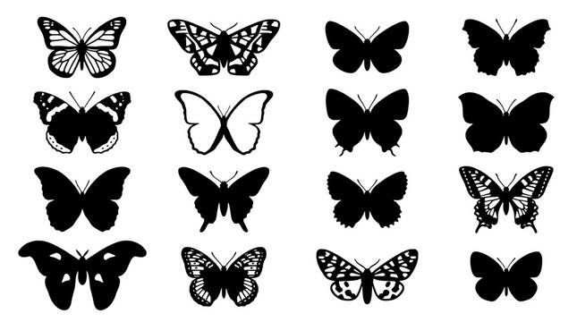 Butterfly silhouettes and line art set showing vintage patterned wings for nature icons, badges, and decorative stickers