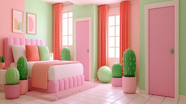 Bedroom interior with pink and green walls, bed with colorful pillows