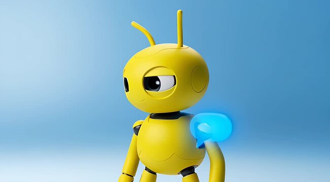 Friendly Yellow Robot Character with Chat Bubble Communicating Ideas