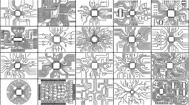 Circuit board pattern with dense electronic traces and schematic blocks arranged in a grid of technology lines