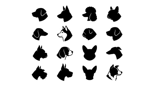 Dog head silhouettes grid icon set with multiple breeds in solid black vector style for pet and animal branding