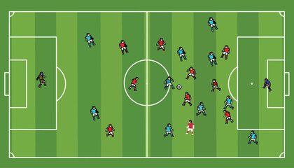 Top view of a soccer field with two teams of players in red and blue uniforms playing a match vector illustration © Papia Sharmen 