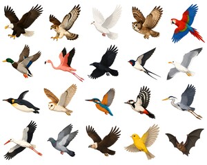 Obraz premium Various flying birds in dynamic poses illustrated in colorful vector style isolated on white background.