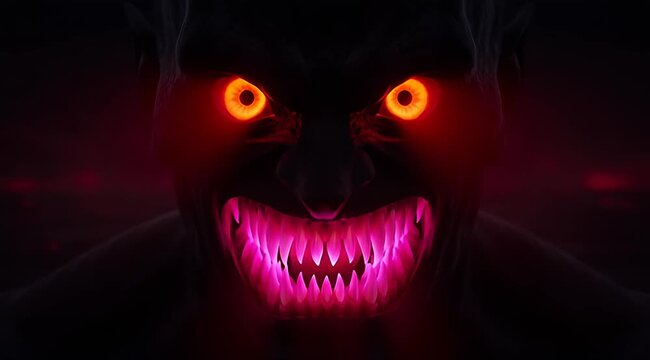 Scary Demonic Monster Face with Glowing Orange Eyes and Sharp Pink Teeth