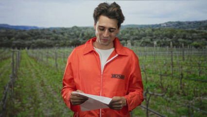 Obraz premium Man prisoner in orange jumpsuit reads a paper letter, holding it with both hands, pensive expression while standing among vineyard rows in a forest setting; remorse solitude.